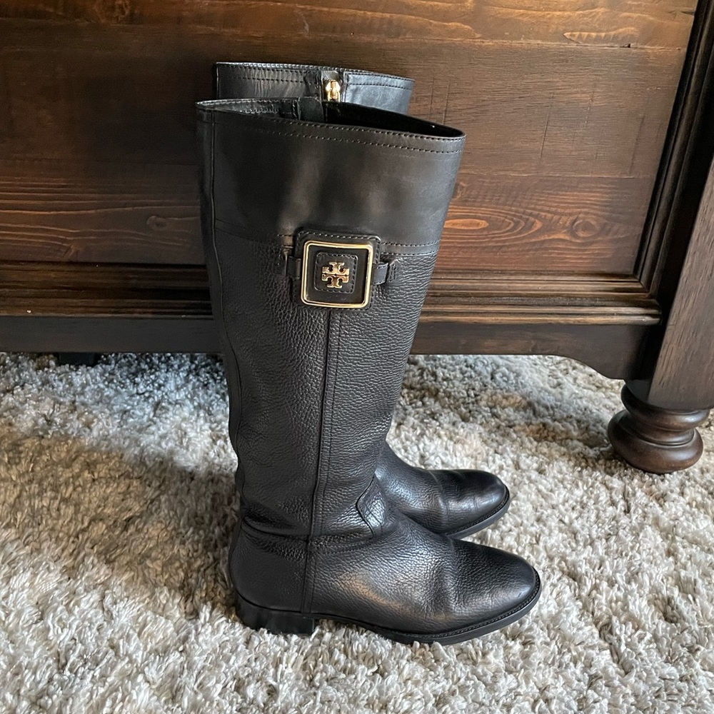 Tory Burch Black Leather Riding Boots with Gold Logo
